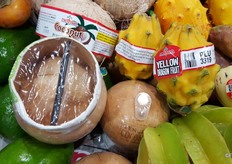 Melissa's the organic drinking coconut doesn't need any tools to open - you just need to open the top and place in the straw. Available from Thailand year round. Another focus item is the yellow dragon fruit from Ecuador.